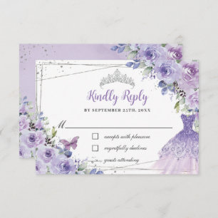 Purple Lilac Floral Silver Quinceañera Dress Gown RSVP Card