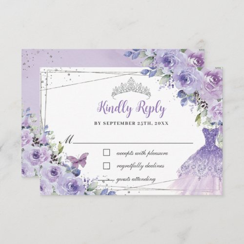 Purple Lilac Floral Silver Quinceaera Dress Gown RSVP Card