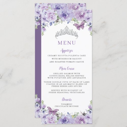 Purple Lilac Floral Silver QUINCEAERA Party Menu