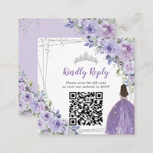 Purple Lilac Floral Silver Quinceaera QR Code Enclosure Card