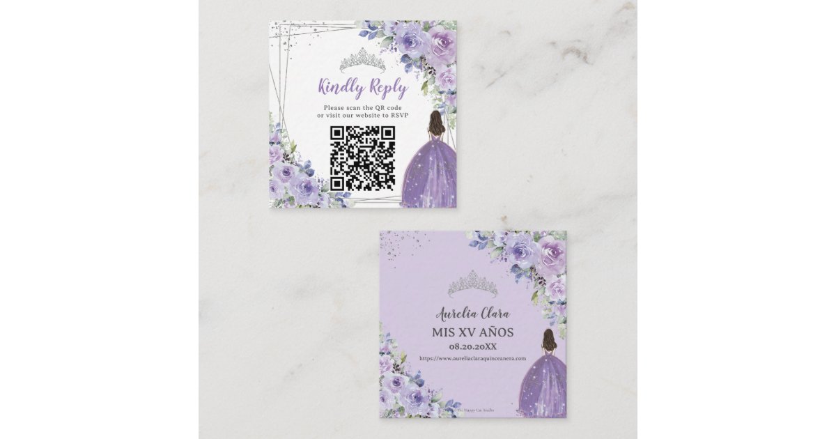 Purple Lilac Floral Silver Quinceañera QR Code Enclosure Card Zazzle