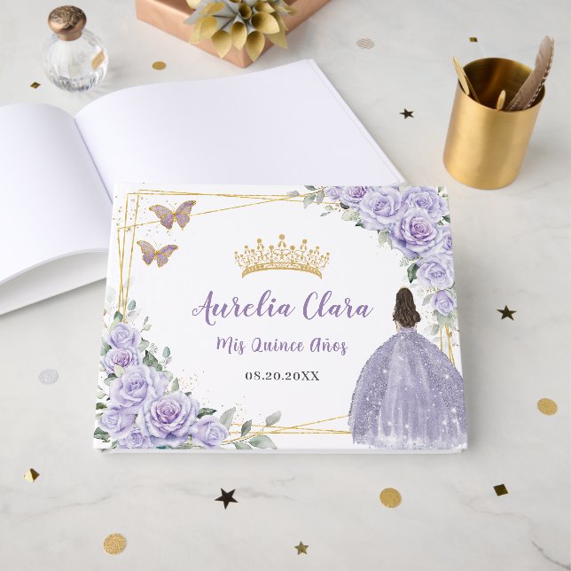 Purple Lilac Floral Sweet 15 16 Quinceanera Party Guest Book (Front Open)