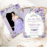 Purple Lilac Floral Sweet 16 Silver Birthday Photo Save The Date<br><div class="desc">Personalize this chic Quinceañera / sweet 16 birthday photo save the date with your details easily and quickly, simply press the customize it button to further re-arrange and format the style and placement of the text. This lovely save the date card features gorgeous watercolor purple, lilac, lavender floral and silver...</div>