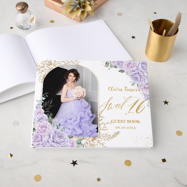 Purple Lilac Floral Sweet Sixteen 16 Photograph Guest Book (Front Open)