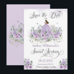 Purple Lilac Floral Sweet Sixteen 16th Birthday Save The Date<br><div class="desc">Announce her milestone celebration in style with this Purple Lilac Floral Sweet Sixteen Save the Date. Featuring elegant lilac roses, soft greenery, and a girl in a flowing purple lilac dress resting atop the floral design, this card is perfect for setting the tone for a dreamy Sweet 16. Available as...</div>