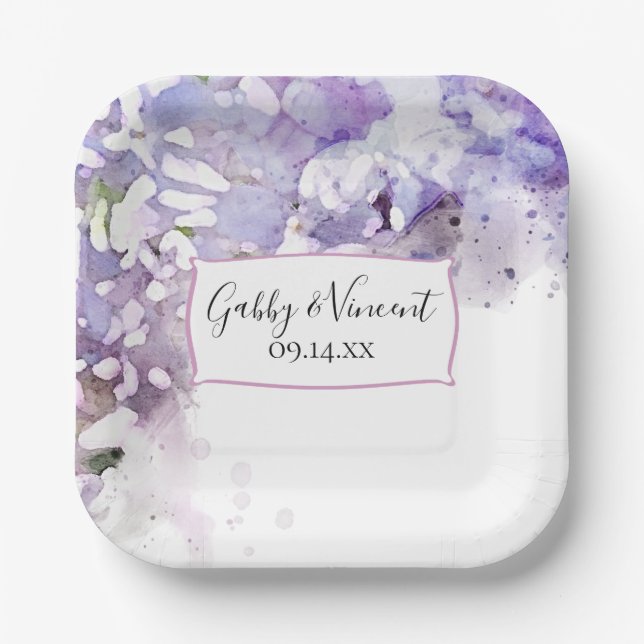 Purple Lilac Floral Watercolor Wedding   Paper Plates (Front)