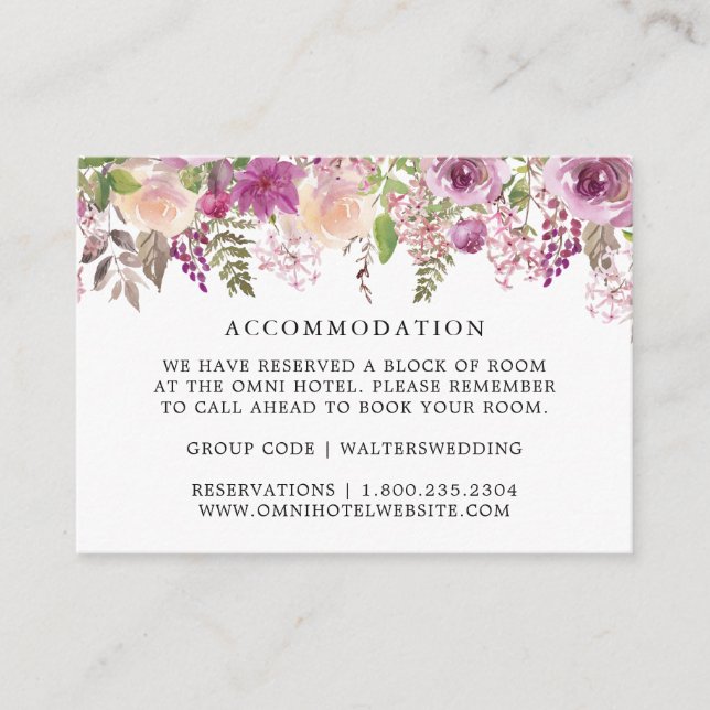 Purple Lilac Floral Wedding Accommodation Cards (Front)