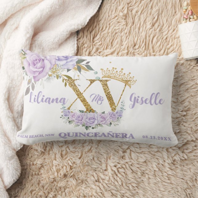 Purple Lilac Floral XV QUINCEAÑERA Quince Keepsake Lumbar Pillow (Blanket)