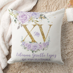 Purple Lilac Floral XV QUINCEAÑERA Quince Keepsake Throw Pillow