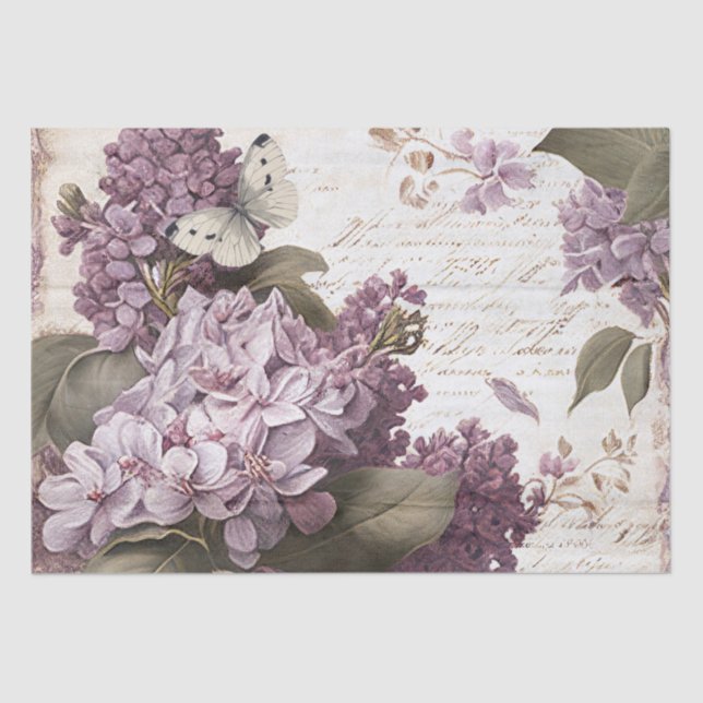Purple Lilac Flower Butterfly Script Decoupage  Tissue Paper (Front)