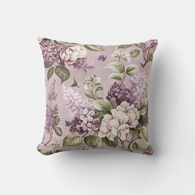 Purple Lilac Flower Vintage Pattern Throw Pillow (Front)