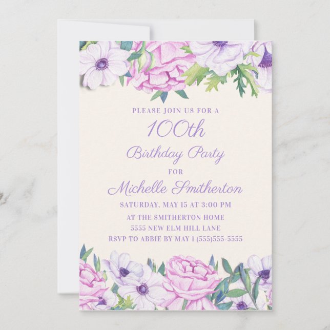 Purple Lilac Flowers 100th Birthday Party Invitation (Front)
