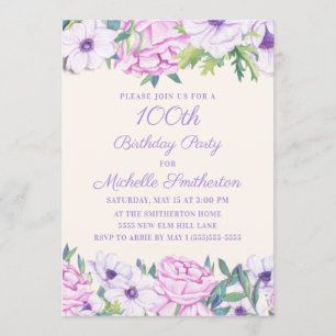Purple Lilac Flowers 100th Birthday Party Invitation