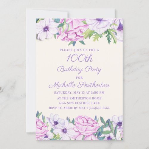 Purple Lilac Flowers 100th Birthday Party Invitation