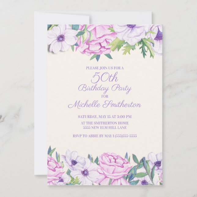 Purple Lilac Flowers 50th Birthday Party Invitation (Front)