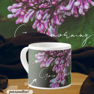 Purple lilac flowers after rain espresso cup