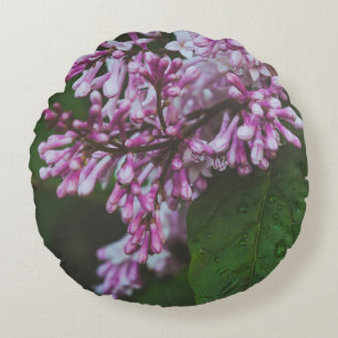 Purple lilac flowers after rain round pillow