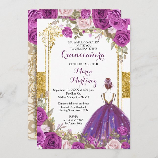 Purple Lilac Flowers Gold Quinceanera Invitation (Front/Back)