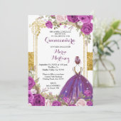 Purple Lilac Flowers Gold Quinceanera Invitation (Standing Front)