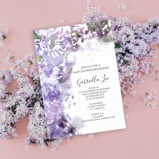 Purple Lilac Flowers Watercolor Baby Shower Invitation