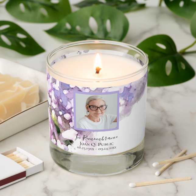 Purple Lilac Flowers Watercolor Funeral Memorial Scented Candle (Lit)