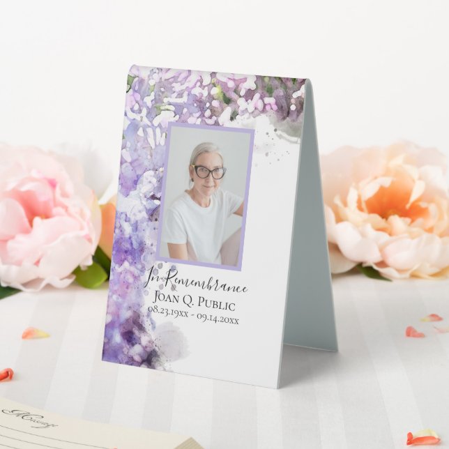 Purple Lilac Flowers Watercolor Funeral Memorial Table Tent (In SItu (Wedding))