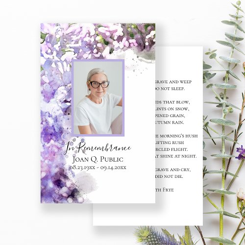 Purple Lilac Flowers Watercolor Funeral Prayer Business Card