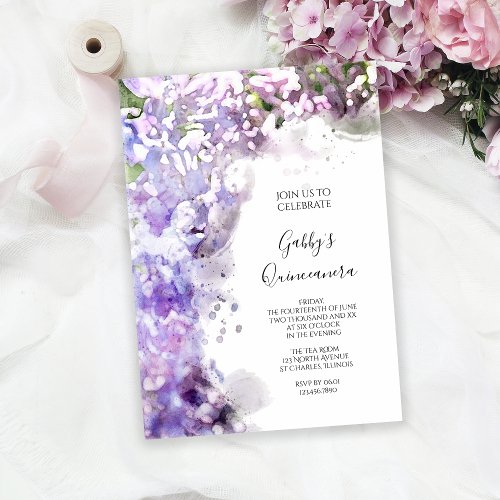Purple Lilac Flowers Watercolor Quinceanera Party Invitation