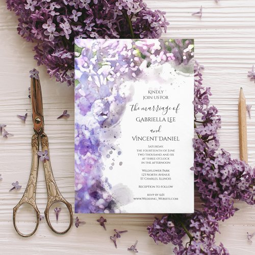 Purple Lilac Flowers Watercolor Wedding Invitation