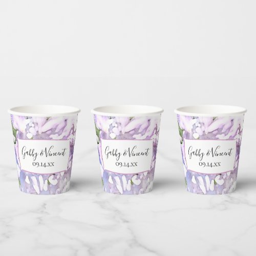 Purple Lilac Flowers Watercolor Wedding  Paper Cups