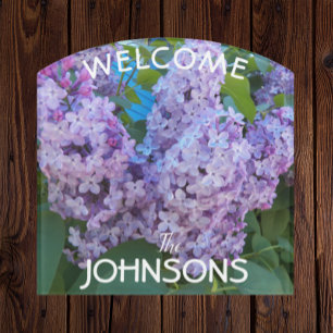 Purple Lilac Flowers with Family Name Welcome Door Sign
