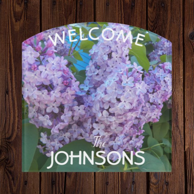 Purple Lilac Flowers with Family Name Welcome Door Sign (In Situ)