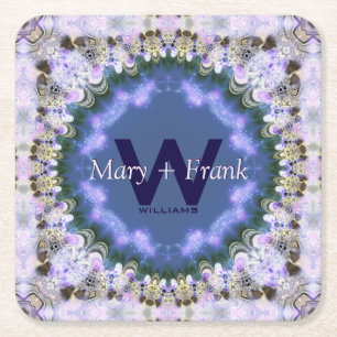 Purple Lilac Fractal Lace Monogram Paper Coasters