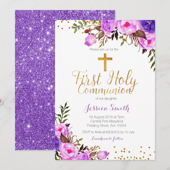 Purple Lilac Girl Christening Invitation card (Front/Back)