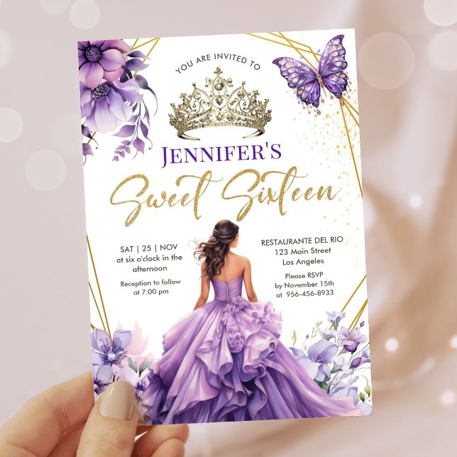 Purple Lilac Girl Princess Tiara Floral Sweet 16 Invitation (Creator Uploaded)