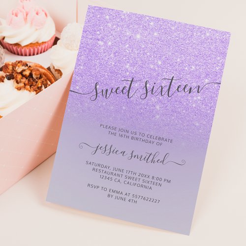 Purple lilac glitter elegant typography Sweet 16 Invitation