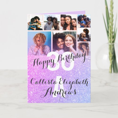 Purple Lilac Glitter Photo Collage Happy Birthday Card