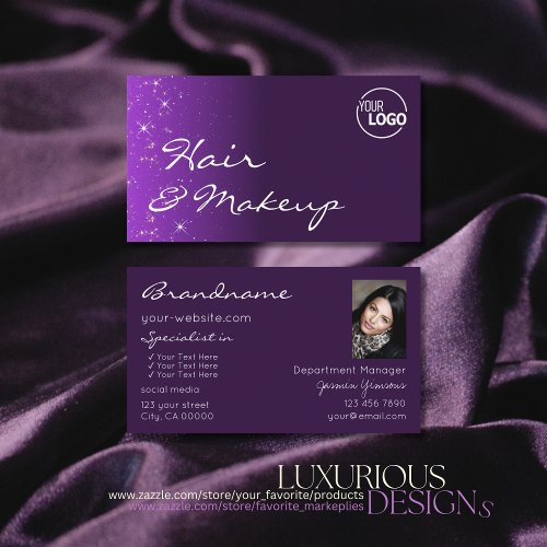 Purple Lilac Glitter Stars with Logo and Photo Business Card