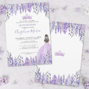 Purple Lilac Glitter Tiara Floral Quinceañera Invitation