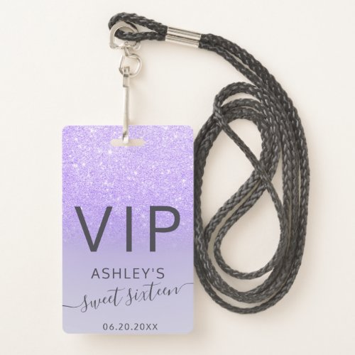 Purple lilac glitter typography Sweet 16 VIP Badge