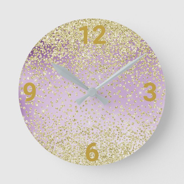 Purple Lilac Gold Crystal Modern Wall Clock (Front)