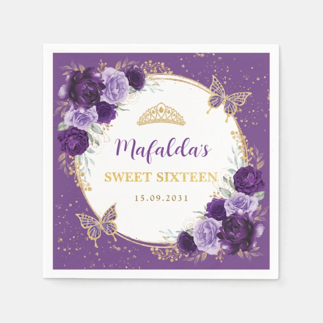 Purple Lilac Gold Floral Sweet 16 Birthday Napkins (Front)