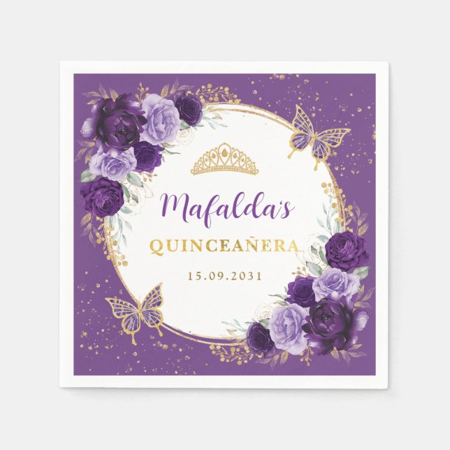 Purple Lilac Gold Flowers Quinceanera Birthday Napkins (Front)