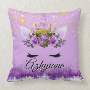 Purple Lilac & Gold Glitter Floral Crown Unicorn Throw Pillow