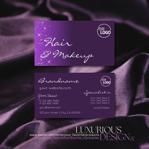 Purple Lilac Gradient Chic Glitter Stars with Logo Business Card