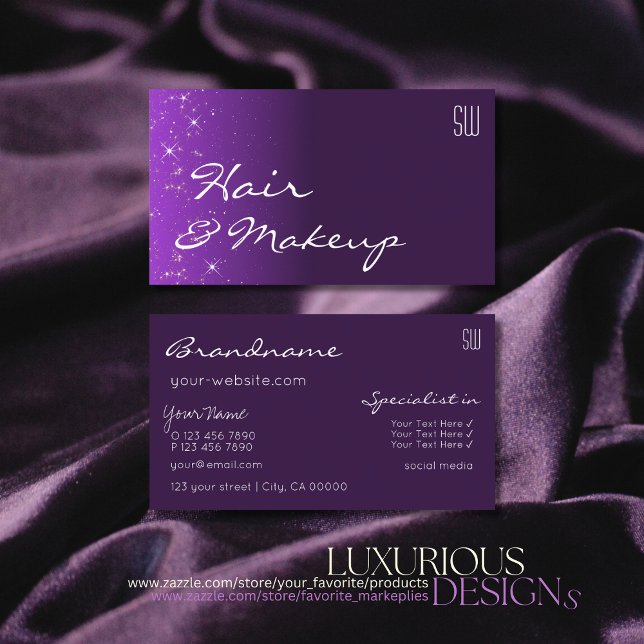 Purple Lilac Gradient Glitter Stars with Monogram Business Card (Creator Uploaded)