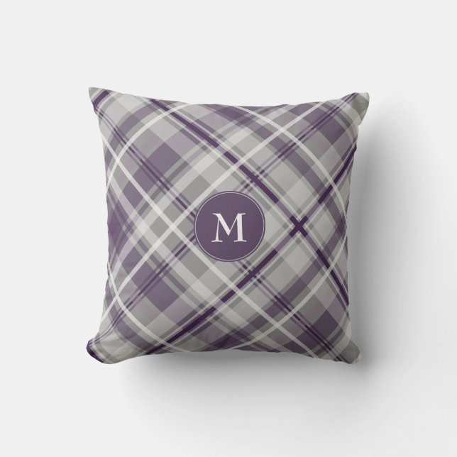 purple lilac gray plaid throw pillow (Front)