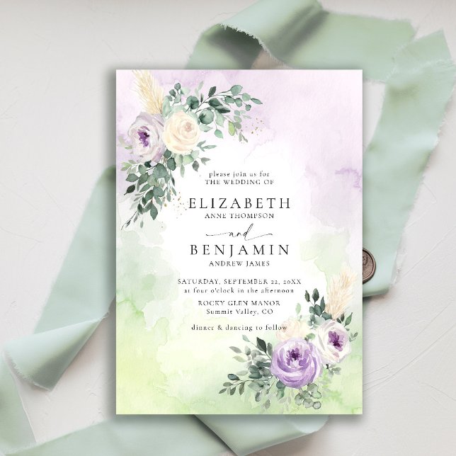 Purple Lilac Lavender Boho Chic Floral Wedding Invitation (purple lavender lilac wedding invitation watercolor elegant rustic floral garden romantic brunch)
