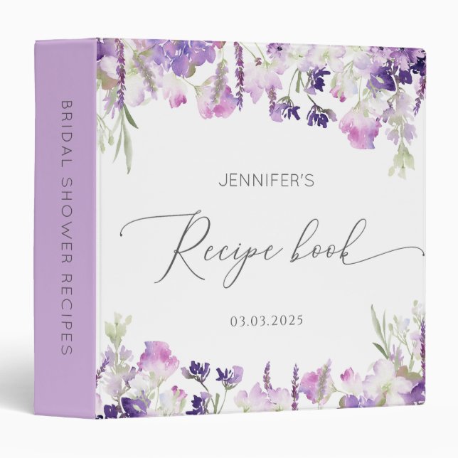 Purple lilac lavender Bridal Shower Recipe Book 3 Ring Binder (Front/Spine)