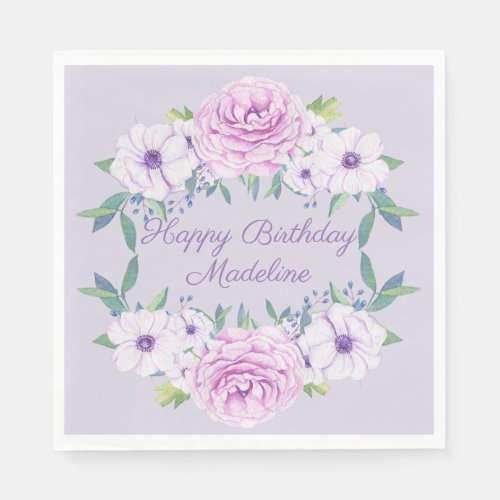 Purple Lilac Lavender Floral Personalized Birthday Napkins